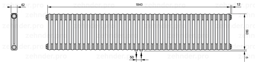 Схема (чертеж) Радиатор Zehnder Charleston 2056/40 №5410 Белый глянцевый RAL 9016